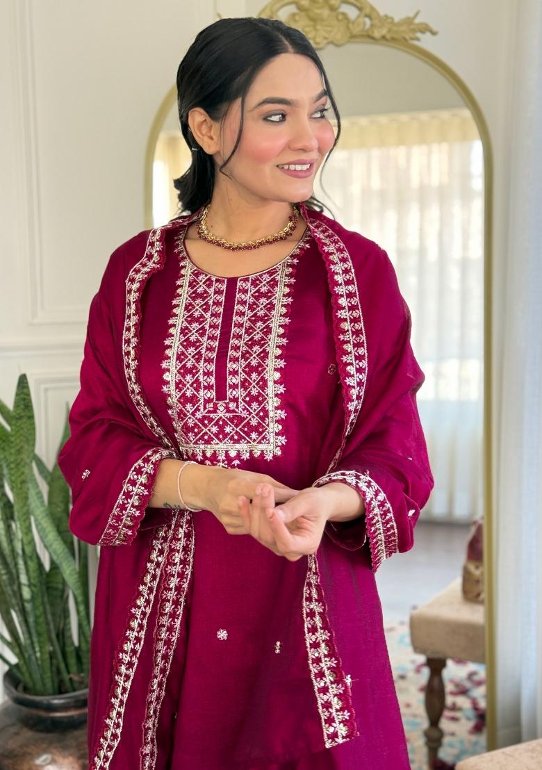 Rani Pink Embroidered Vichitra Silk Salwar Kameez