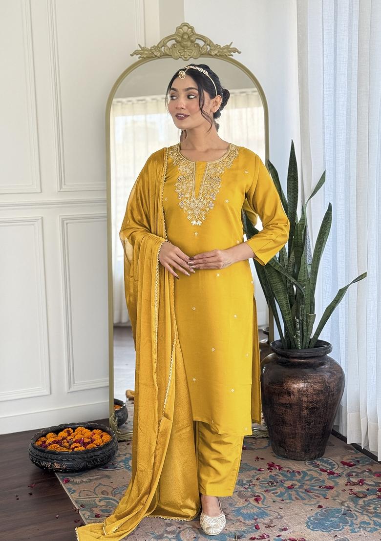 Yellow Embroidered Chanderi Salwar Kameez