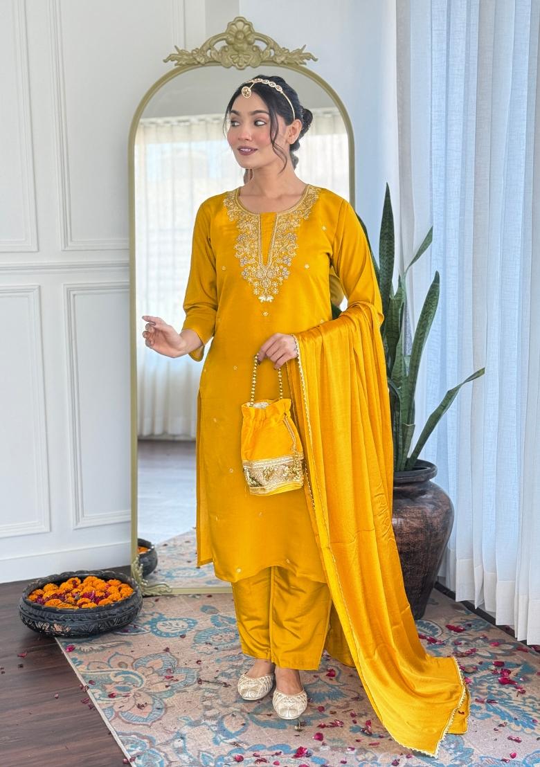 Yellow Embroidered Chanderi Salwar Kameez