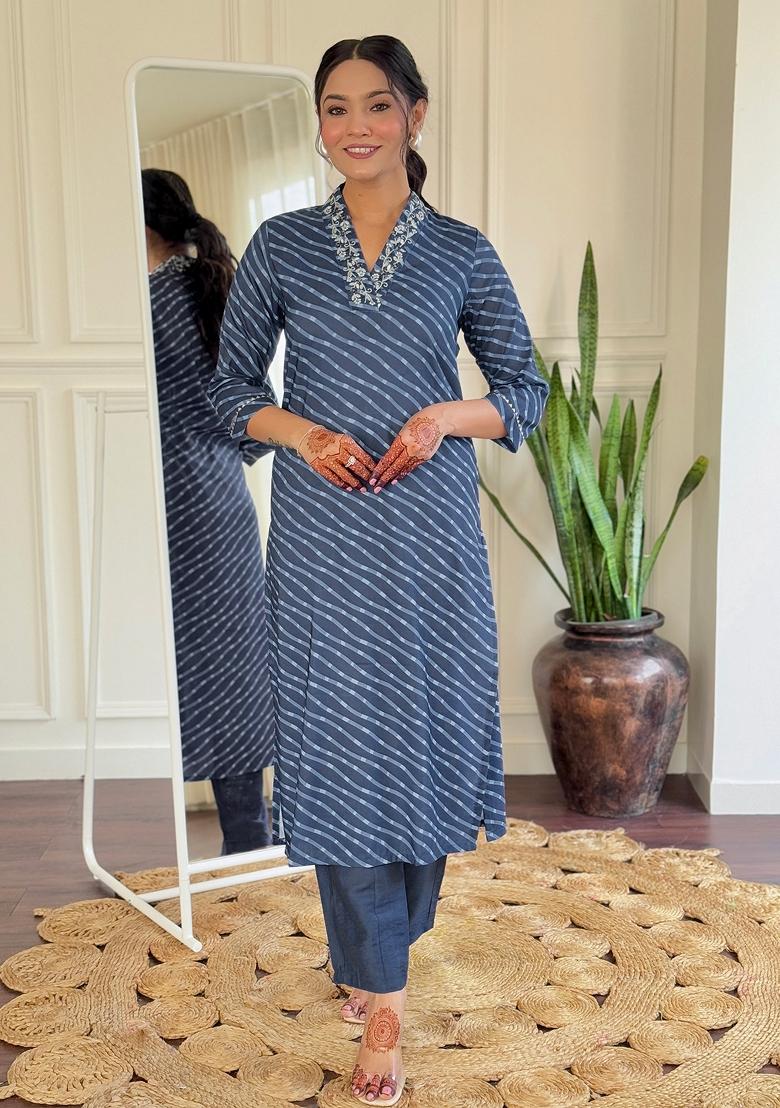 Navy Blue Embroidered Chinon Salwar Kameez