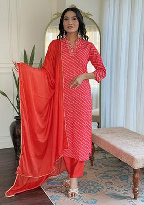 Orange Embroidered Chinon Salwar Kameez