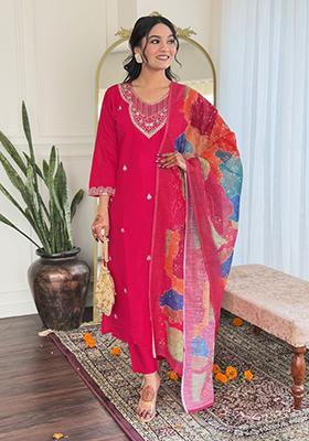 Pink Embroidered Chanderi Salwar Kameez With Dupatta