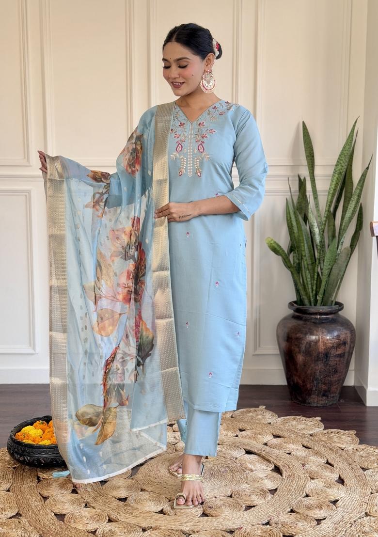 Sky Blue Embroidered Chanderi Salwar Kameez