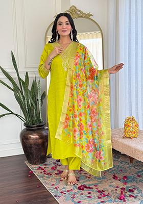 Pista Green Embroidered Chanderi Salwar Kameez