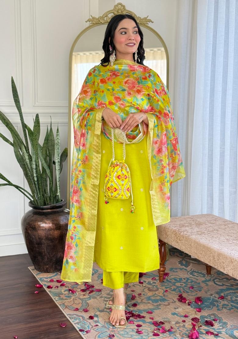 Pista Green Embroidered Chanderi Salwar Kameez