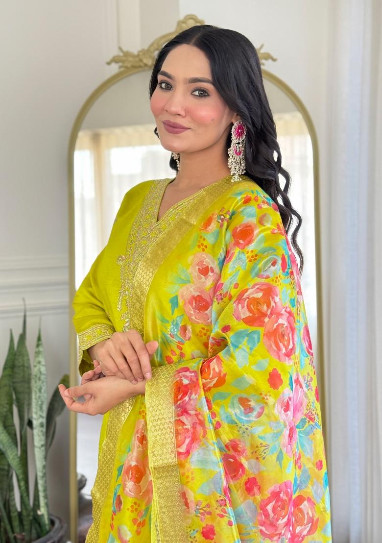 Pista Green Embroidered Chanderi Salwar Kameez