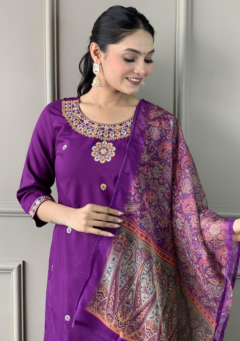 Royal Purple Embroidered Rayon Salwar Kameez