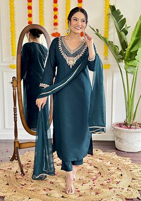 Mehendi Green Embroidered Chanderi Salwar Kameez