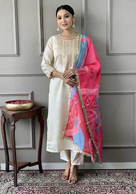 Off White Embroidered Chanderi Salwar Kameez