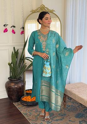 Teal Green Embroidered Chanderi Salwar Kameez