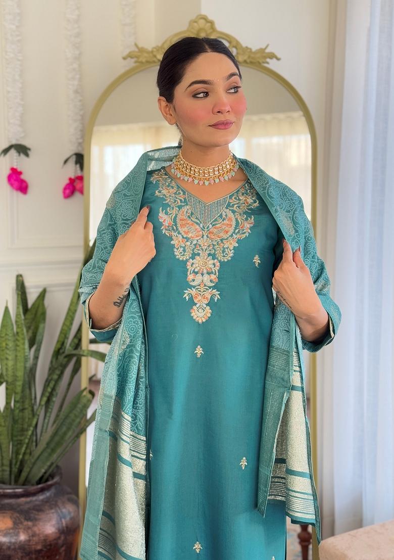 Teal Green Embroidered Chanderi Salwar Kameez