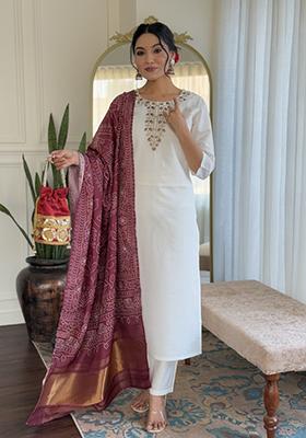 Off White Embroidered Silk Salwar Kameez