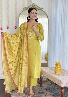 Yellow Embroidered Chanderi Salwar Kameez