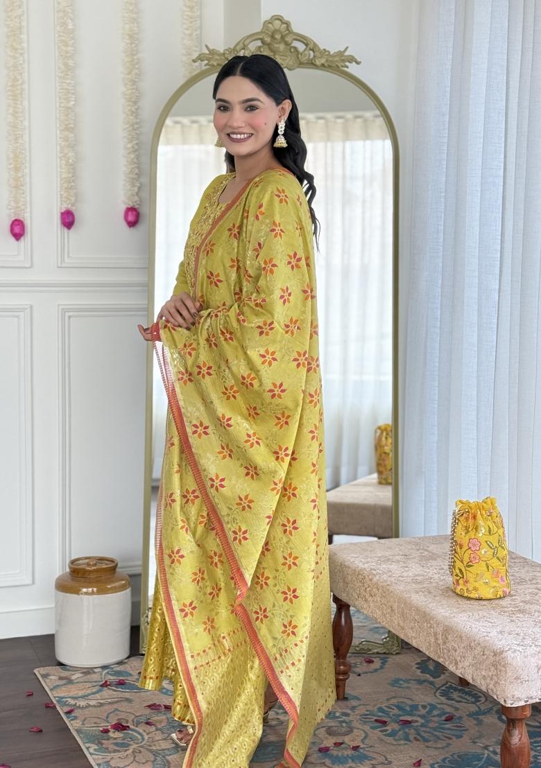 Yellow Embroidered Chanderi Salwar Kameez
