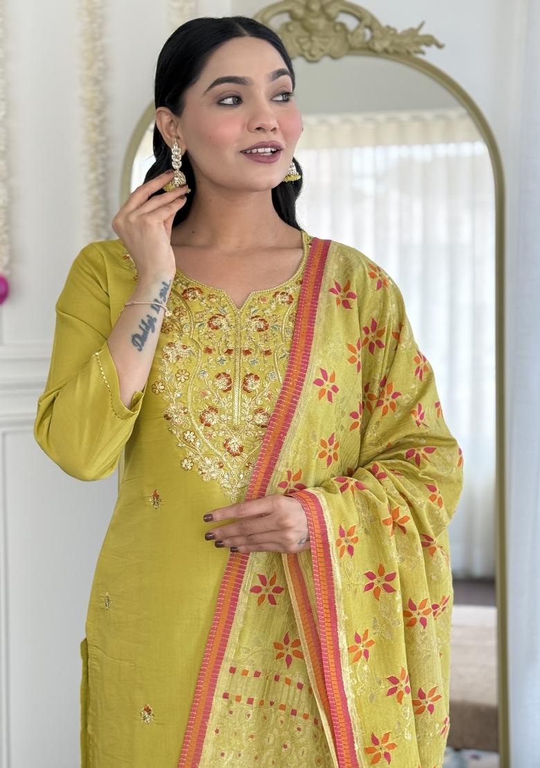 Yellow Embroidered Chanderi Salwar Kameez