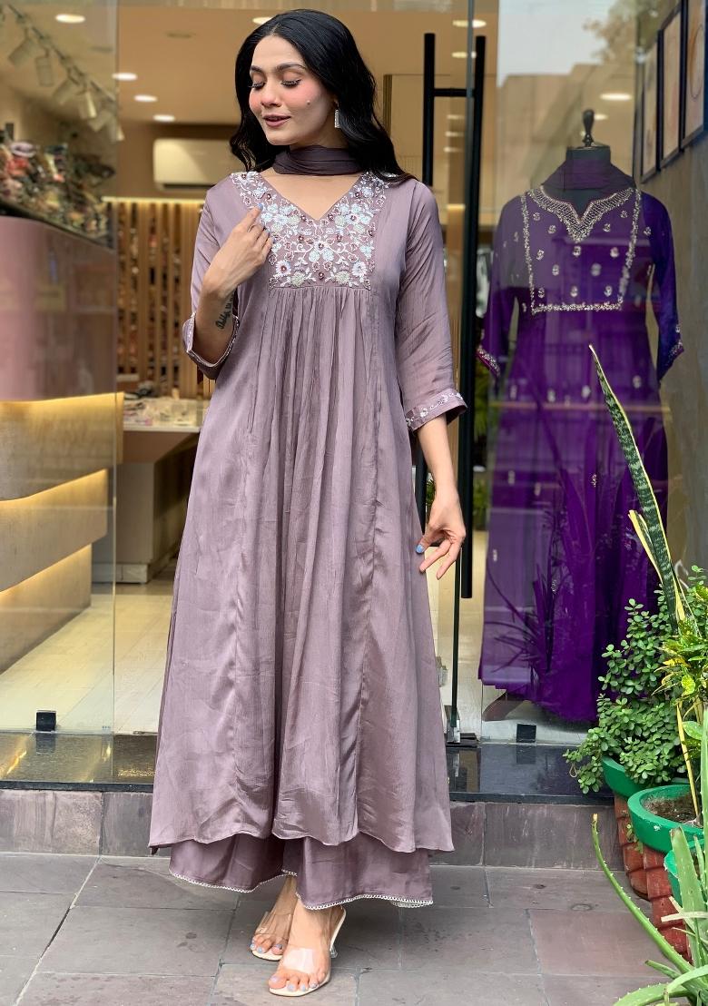 Grey Embroidered Chinon Salwar Kameez