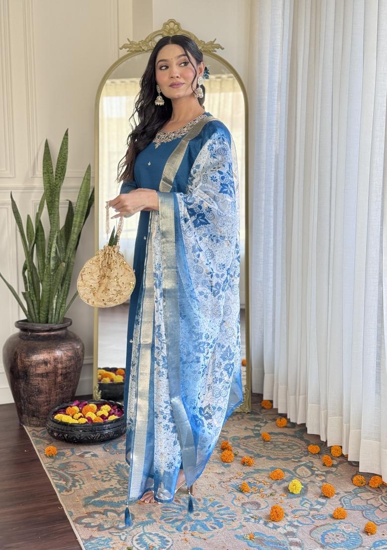 Petrol Blue Embroidered Silk Salwar Kameez