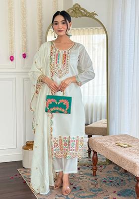 Off White Embroidered Chanderi Salwar Kameez