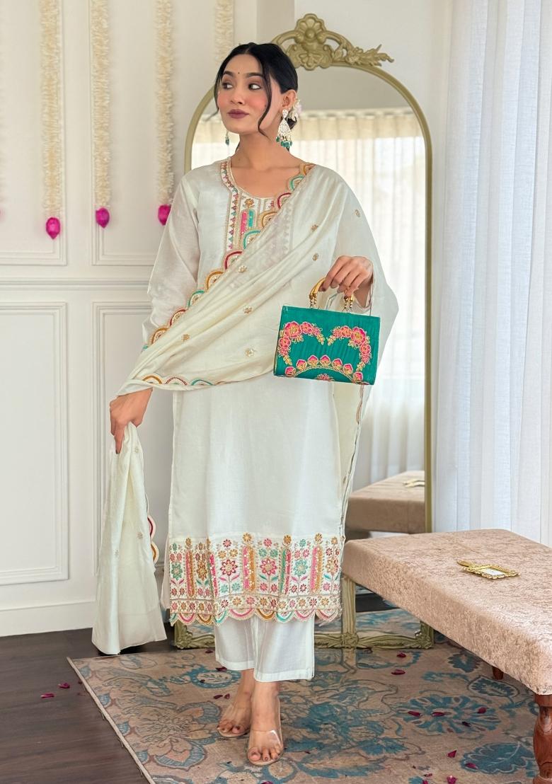 Off White Embroidered Chanderi Salwar Kameez