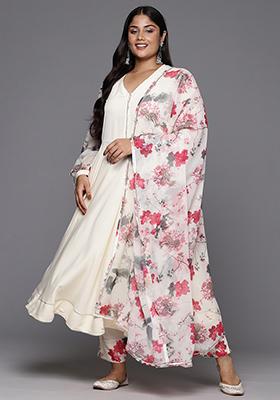 Off White Solid Poly Crepe Anarkali Set