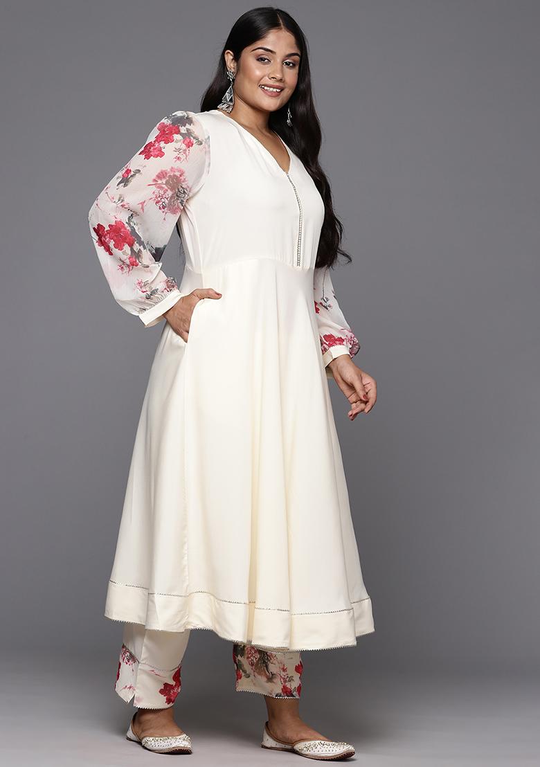 Off White Solid Poly Crepe Anarkali Set