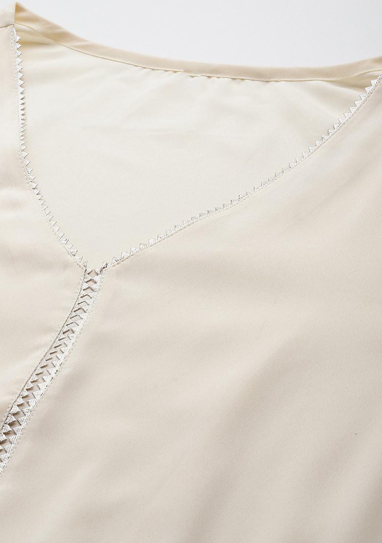 Off White Solid Poly Crepe Anarkali Set