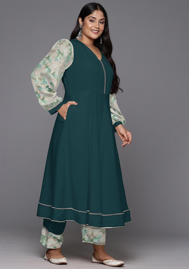 Green Solid Poly Crepe Anarkali Set
