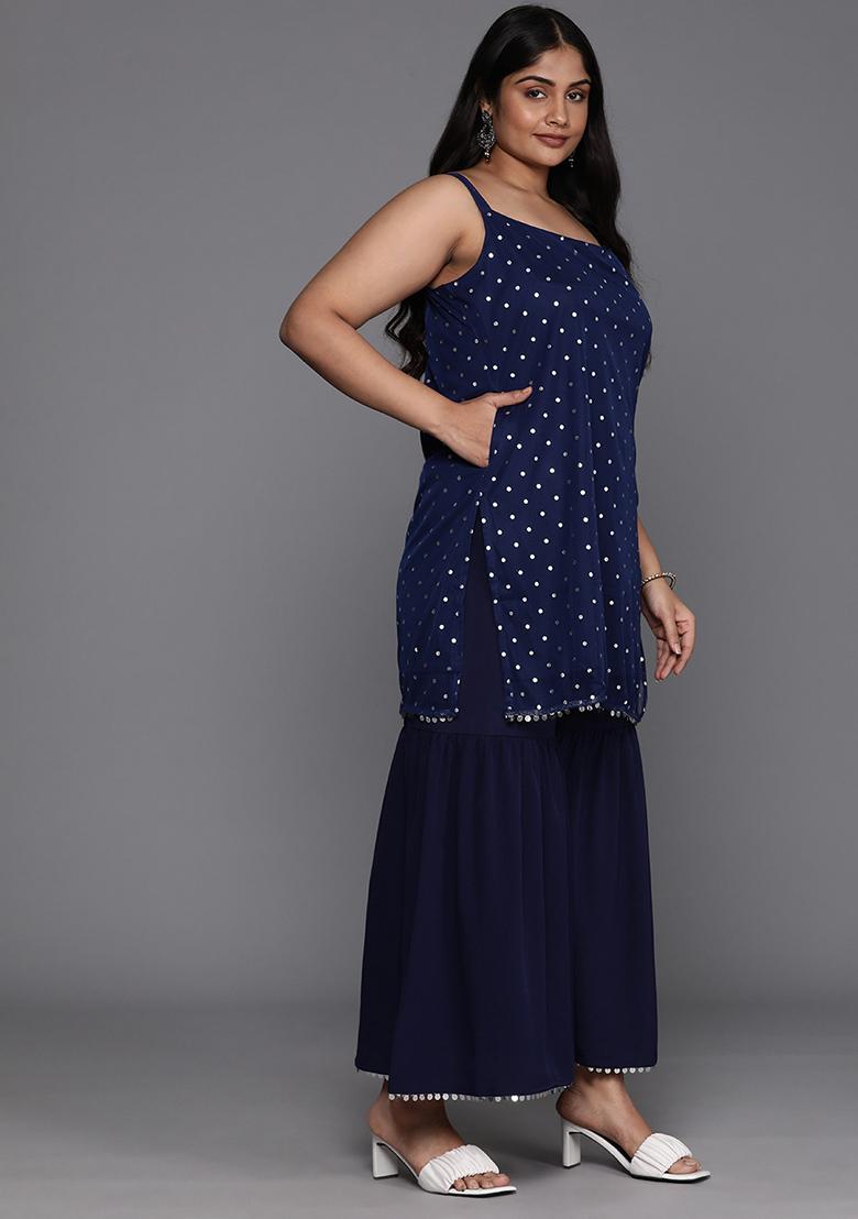 Navy Blue Printed Net Sharara Set