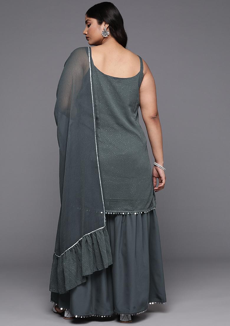 Grey Printed Poly Chiffon Sharara Set