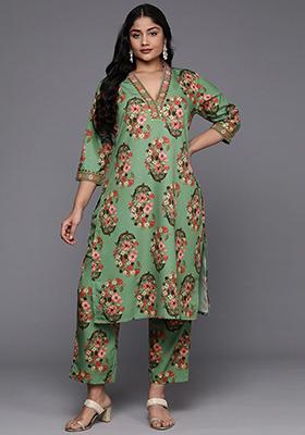 Green Printed Poly Crepe Salwar Kameez