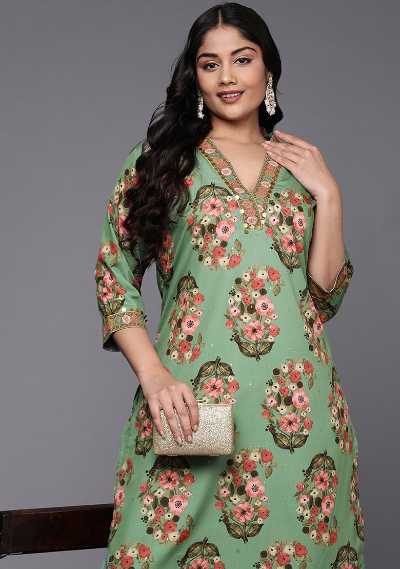 Green Printed Poly Crepe Salwar Kameez