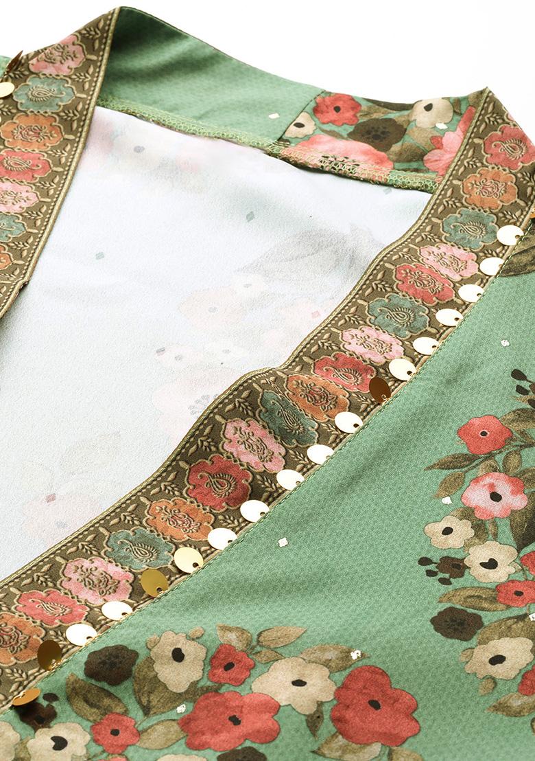 Green Printed Poly Crepe Salwar Kameez