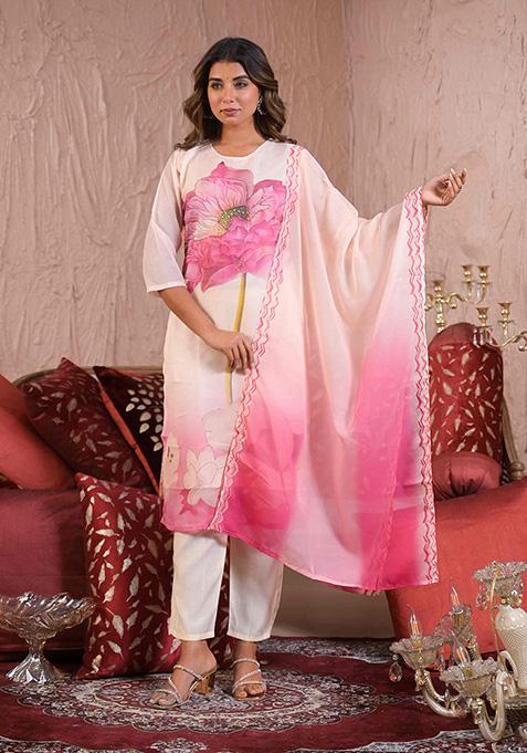 White Embroidered Taby Silk Salwar Kameez