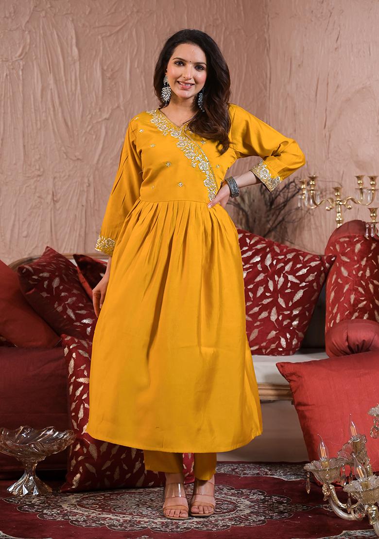 Yellow Embroidered Viscose Anarkali Set