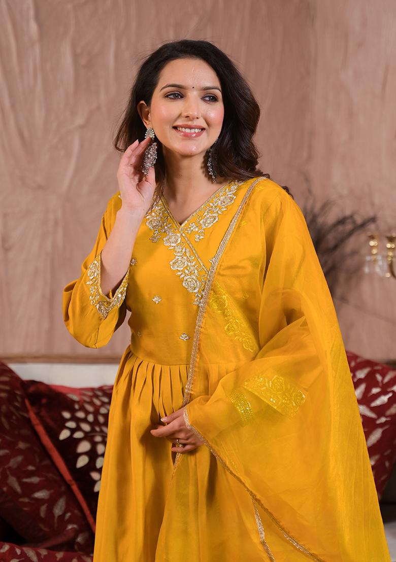 Yellow Embroidered Viscose Anarkali Set