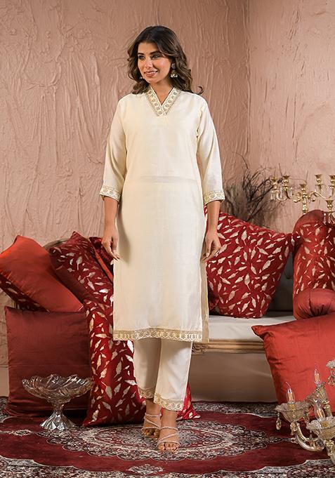 Off White Embroidered Rayon Salwar Kameez