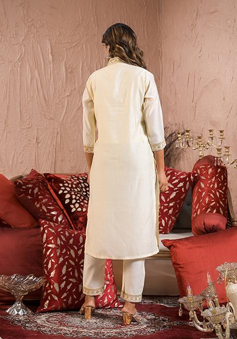 Off White Embroidered Rayon Salwar Kameez