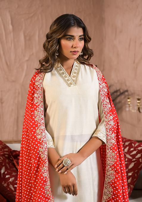 Off White Embroidered Rayon Salwar Kameez