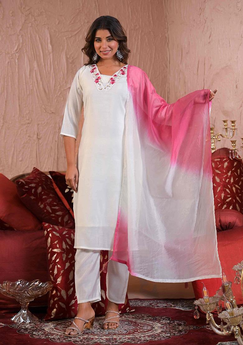 White Embroidered Viscose Salwar Kameez