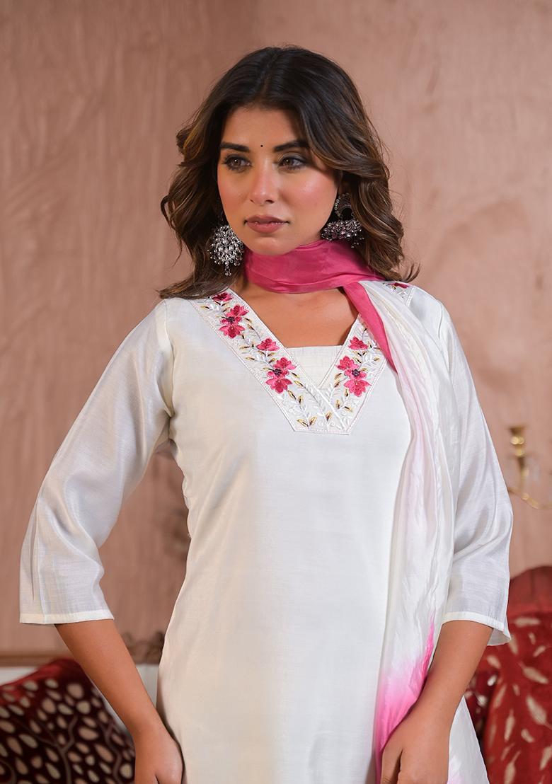 White Embroidered Viscose Salwar Kameez