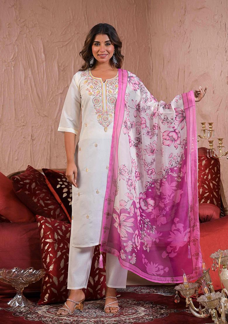 Off White Embroidered Viscose Salwar Kameez