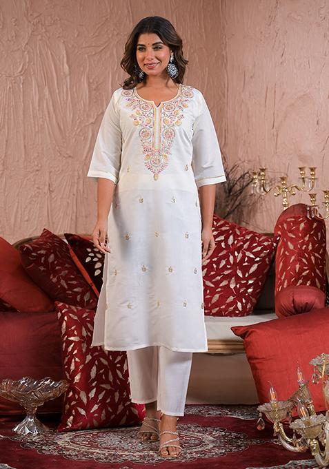 Off White Embroidered Viscose Salwar Kameez
