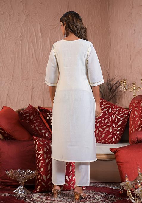 Off White Embroidered Viscose Salwar Kameez