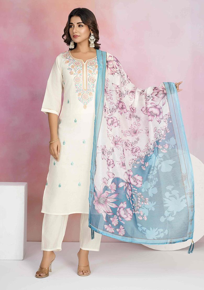 Off White Embroidered Viscose Salwar Kameez