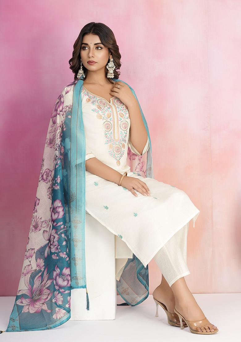 Off White Embroidered Viscose Salwar Kameez