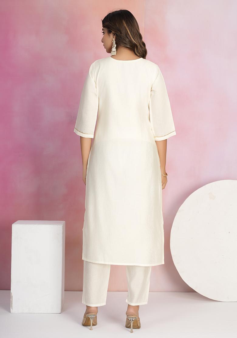 Off White Embroidered Viscose Salwar Kameez