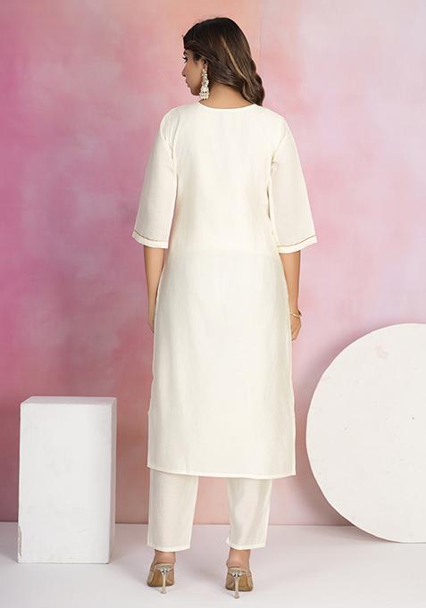 Off White Embroidered Viscose Salwar Kameez