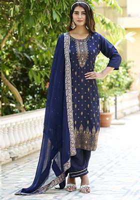 Navy Blue Embroidered Viscose Salwar Kameez