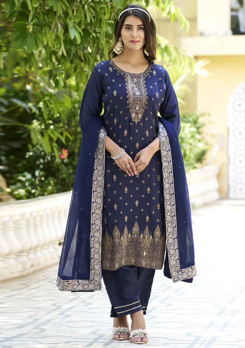 Navy Blue Embroidered Viscose Salwar Kameez