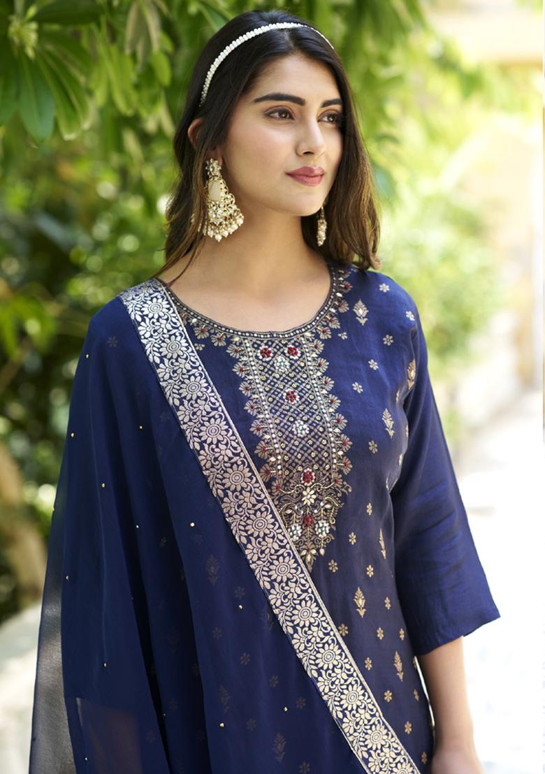 Navy Blue Embroidered Viscose Salwar Kameez